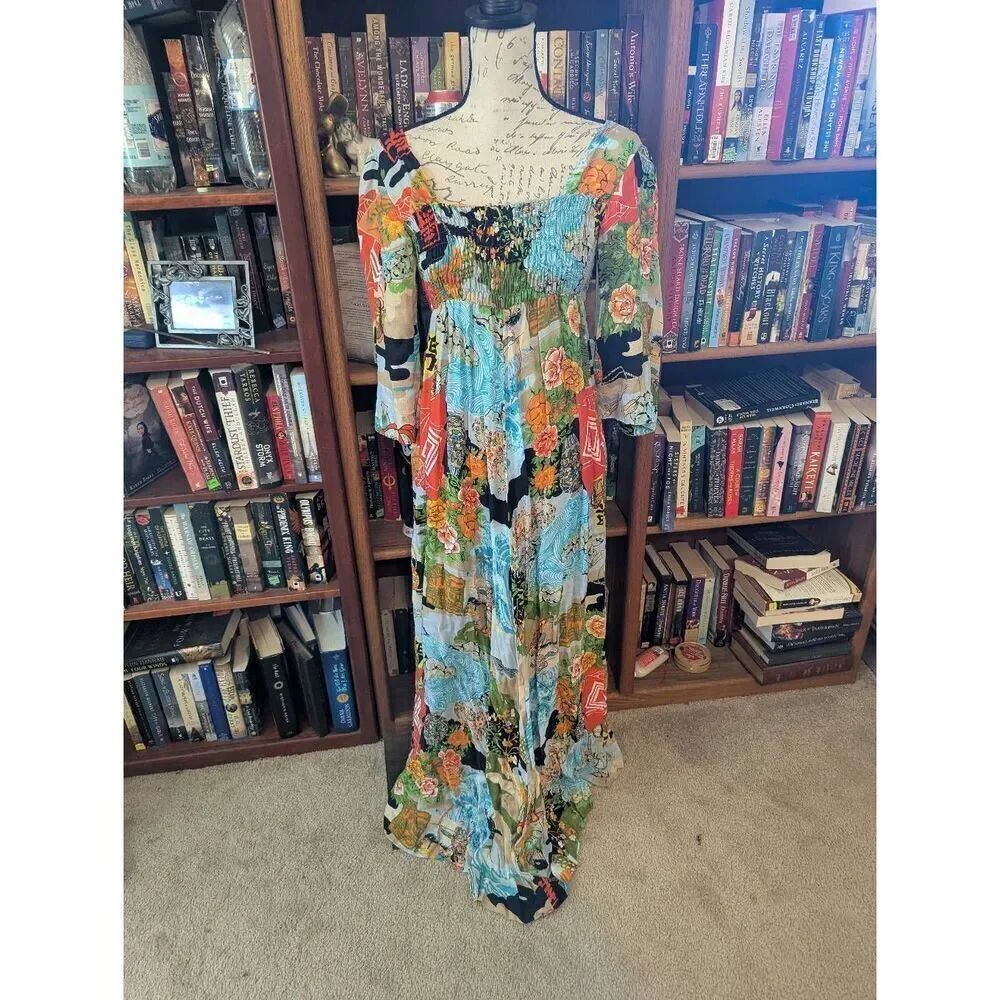 Vintage Liberty House Women's Small Japanese Samurai Geisha Print Maxi Dress 70s